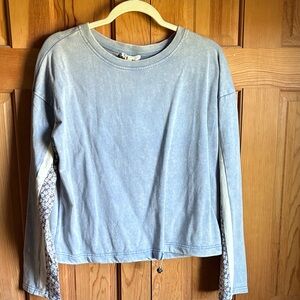 Mystree Light Blue Floral-Inset Long Sleeve Top